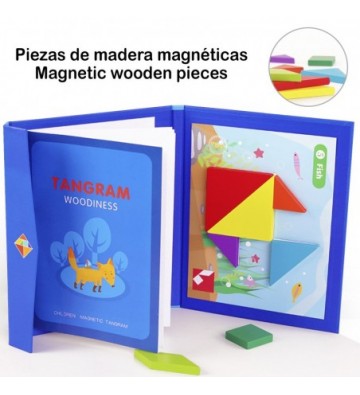 Libro con Tangram de madera magnético, nuevo desafío de completar fichas  con dibujos. Incluye múltiples desafíos clásicos.