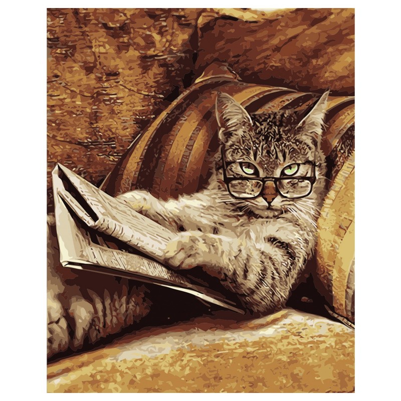 Lienzo con dibujo para pintar con números, de 40x50cm. Diseño gato leyendo  el periódico. Incluye pinceles y pinturas necesarias.
