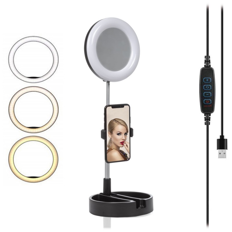 LED ring light folding study desk extensible with smartphone holder. Mirror  and makeup box