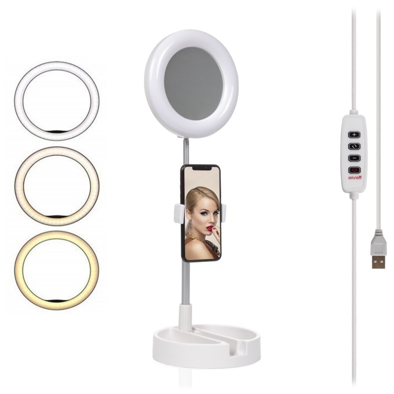 LED ring light folding study desk extensible with smartphone holder. Mirror  and makeup box