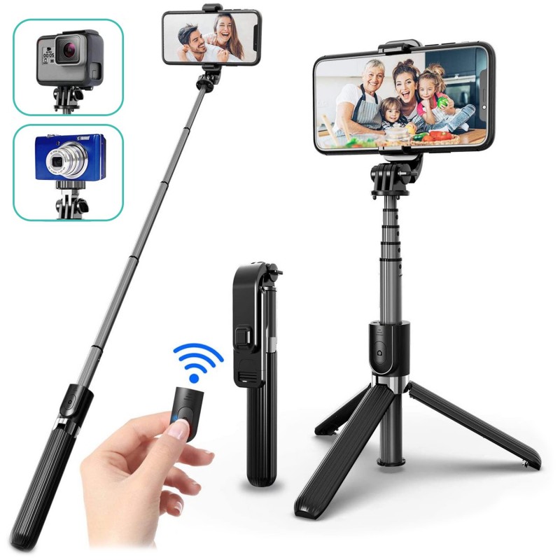Tripode extensible con palo selfie y control remoto bluetooth. Soporte para  smartphones y cámaras.