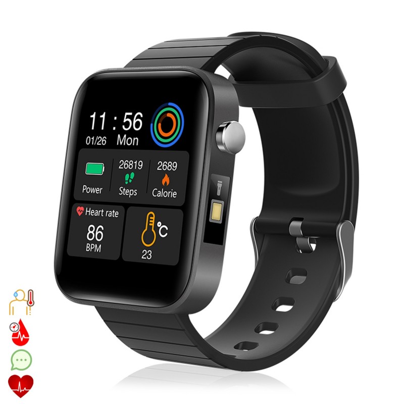 Polijsten woestenij Merg T68 smartwatch met lichaamstemperatuuralarm, multisportmodus, hartslagmeter  en bloeddruk.
