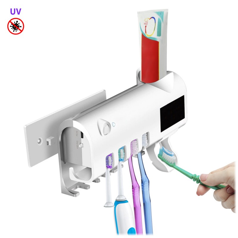 Sterilizzatore e supporto per 4 spazzolini da denti con dosatore di  dentifricio. Pannello solare.